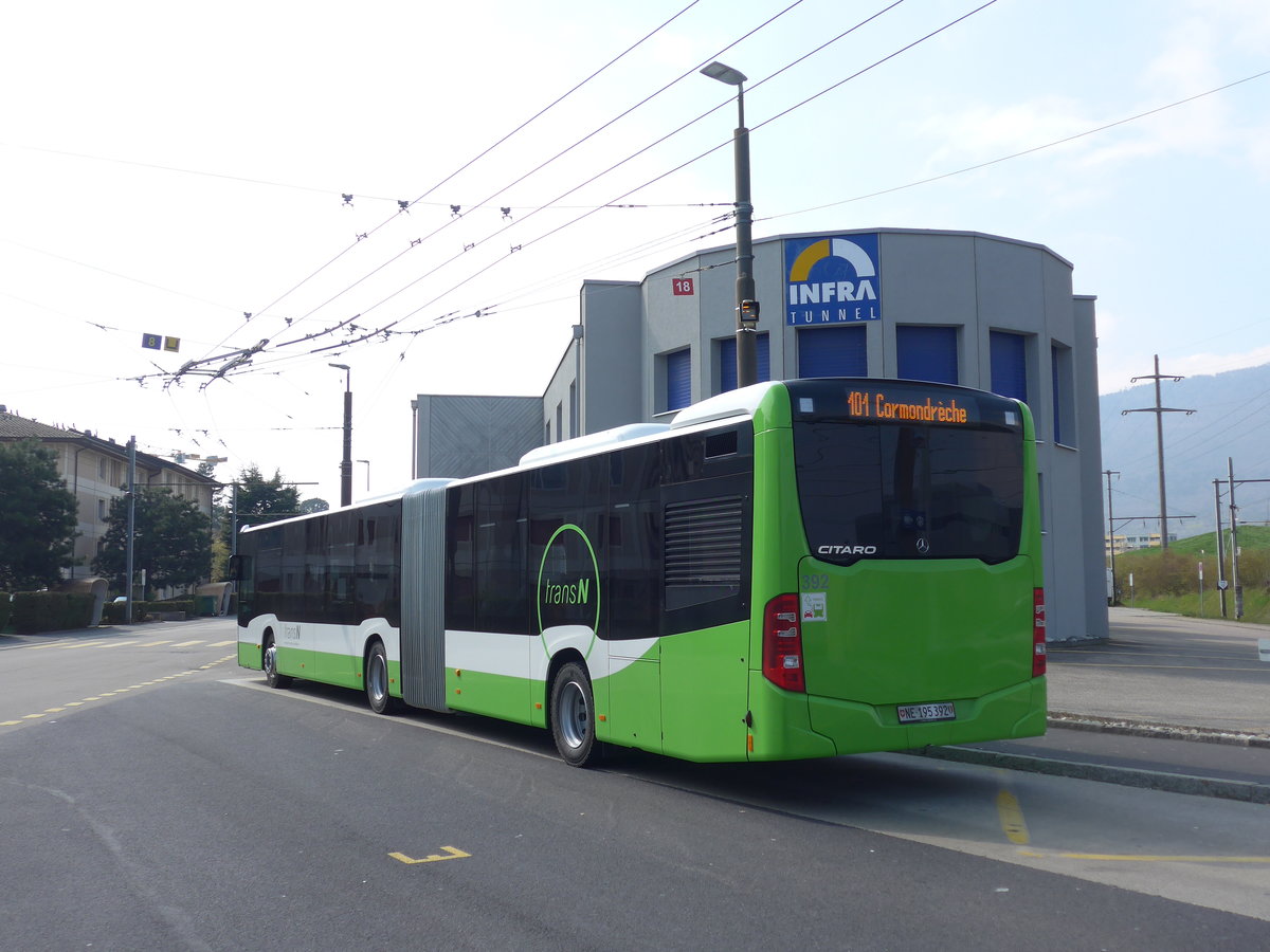 (203'634) - transN, La Chaux-de-Fonds - Nr. 392/NE 195'392 - Mercedes am 13. April 2019 beim Bahnhof Marin-�pagnier
