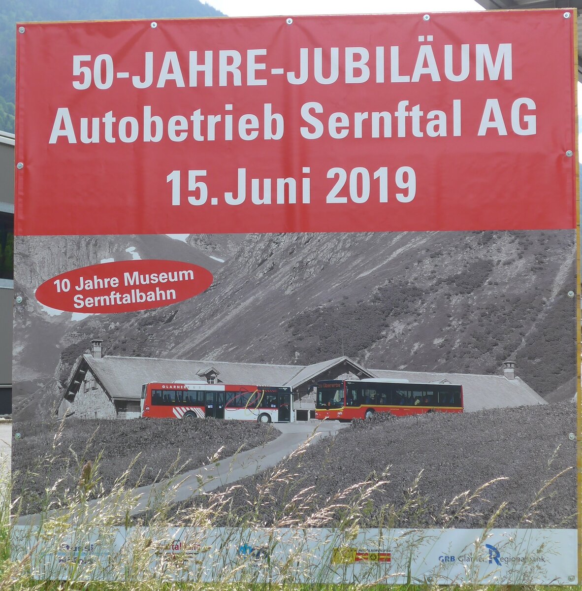 (206'334) - Plakat f�r 50-JAHRE-JUBIL�UM Autobetrieb Sernftal AG am 15. Juni 2019 in Engi, Garage