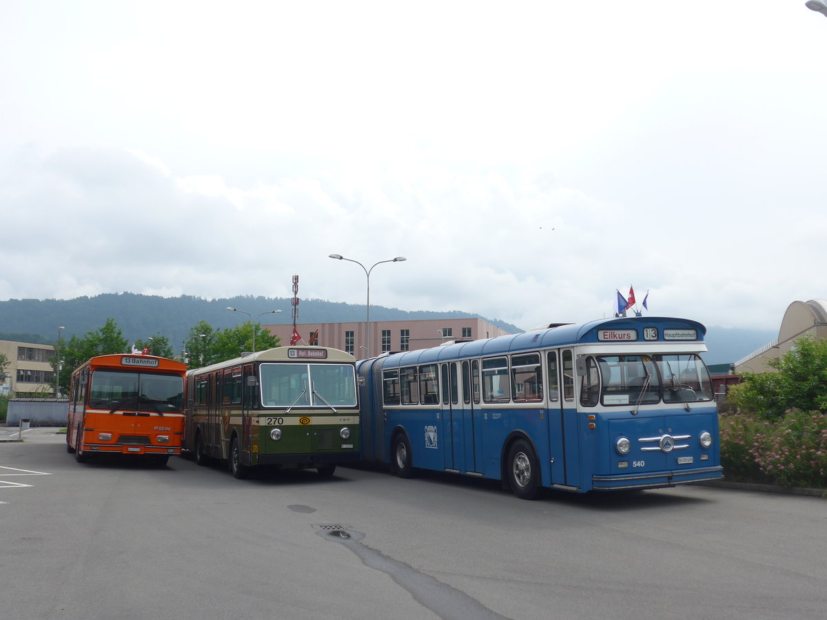 (206'581) - ZVB Zug (RWB) - Nr. 35/ZH 797'215 - FBW/Hess + SVB Bern (Bernmobil historique) - Nr. 270/BE 113'270 - FBW/SWS-Gangloff + VBZ Z�rich (TMZ) - Nr. 540/ZH 315'491 - Saurer/Saurer (ex Nr. 7540; ex Nr. 540) am 22. Juni 2019 in Emmenbr�cke, Debrunner Acifer