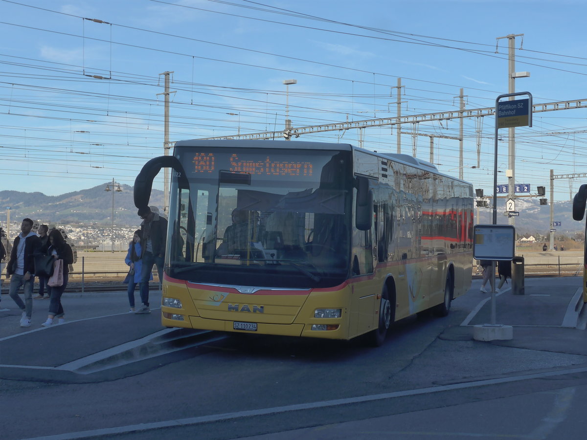 (214'208) - Lienert&Ehrler, Einsiedeln - SZ 110'234 - MAN (ex Schuler, Feusisberg) am 15. Februar 2020 beim Bahnhof Pf�ffikon