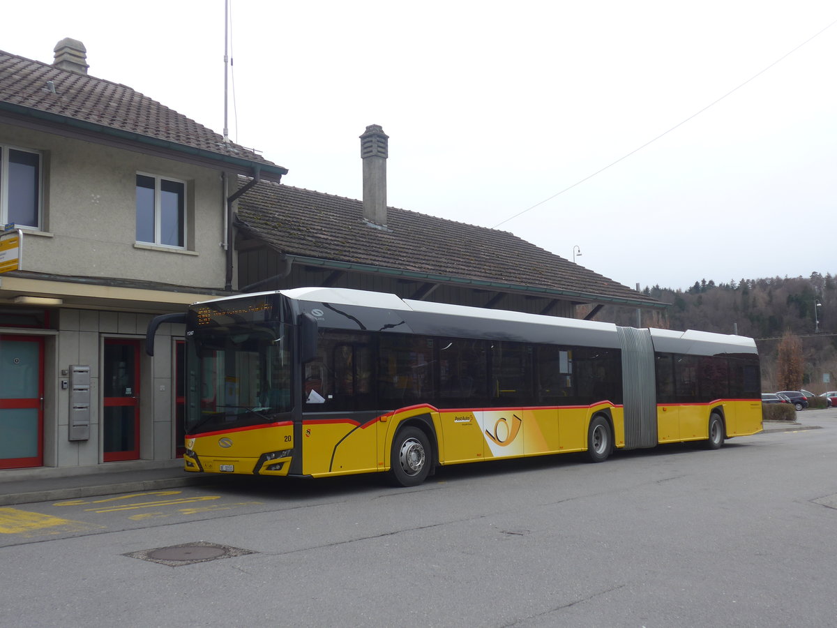 (215'027) - Steiner, Ortschwaben - Nr. 20/BE 32'333 - Solaris am 2. M�rz 2020 beim Bahnhof Laupen
