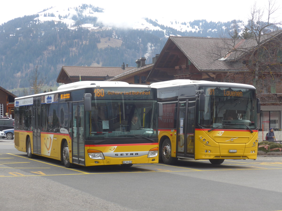 (215'122) - K�bli, Gstaad - BE 104'023 - Setra (ex Nr. 1) am 14. M�rz 2020 beim Bahnhof Gstaad