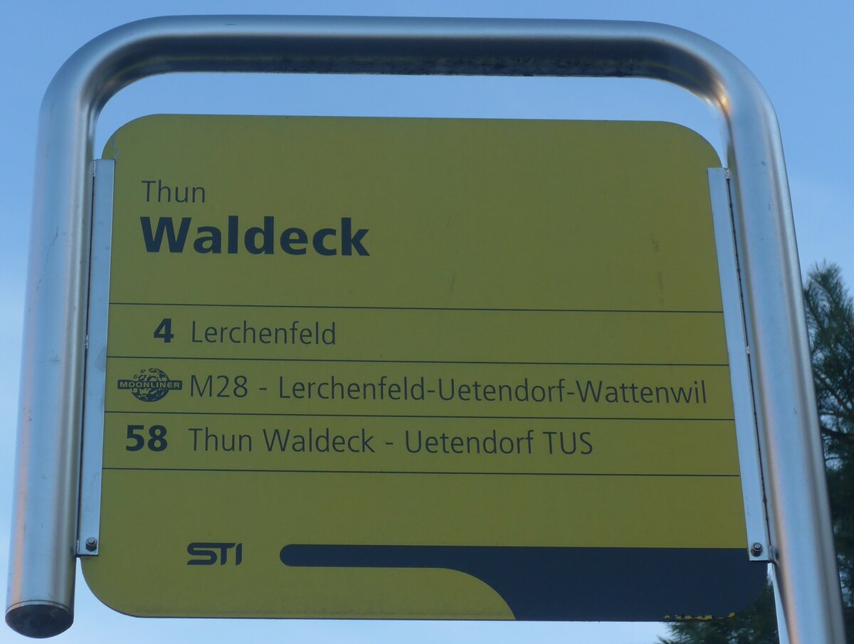 (215'189) - STI-Haltestellenschild - Thun, Waldeck - am 15. M�rz 2020