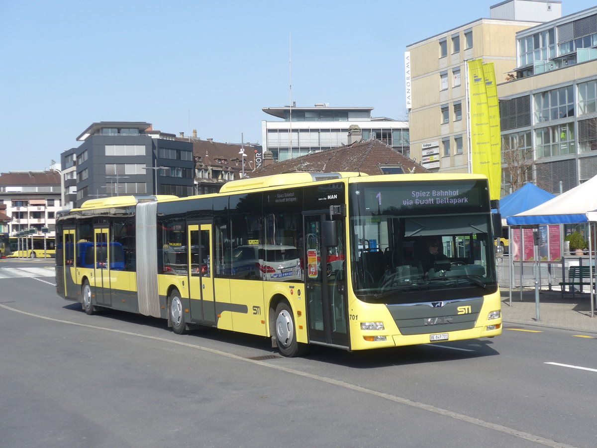 (215'350) - STI Thun - Nr. 701/BE 849'701 - MAN am 21. M�rz 2020 beim Bahnhof Thun