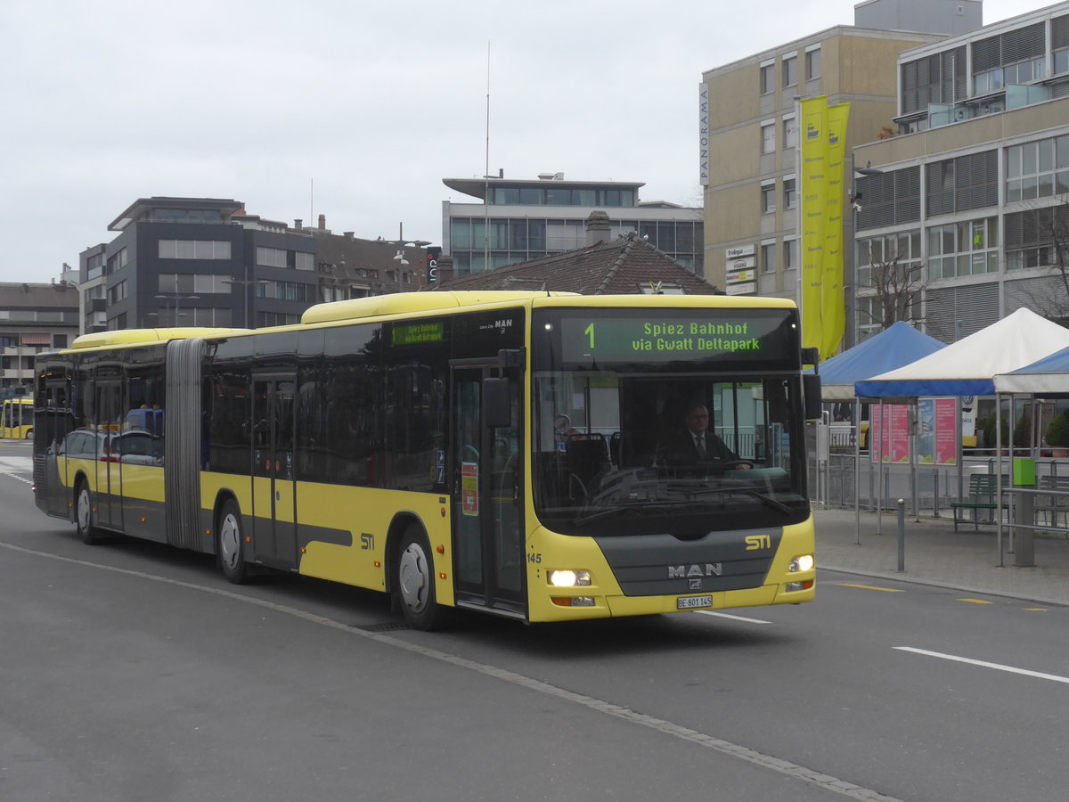 (215'360) - STI Thun - Nr. 145/BE 801'145 - MAN am 22. M�rz 2020 beim Bahnhof Thun