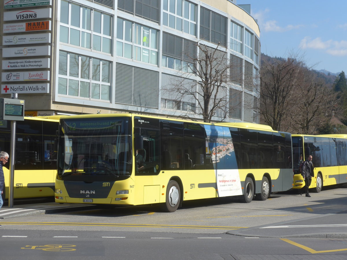 (215'501) - STI Thun - Nr. 147/BE 801'147 - MAN am 24. M�rz 2020 beim Bahnhof Thun