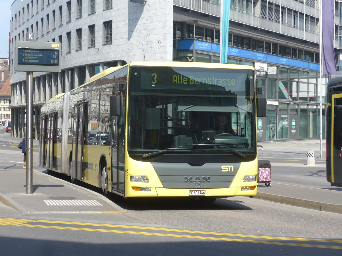 (215'624) - STI Thun - Nr. 146/BE 801'146 - MAN am 27. M�rz 2020 beim Bahnhof Thun