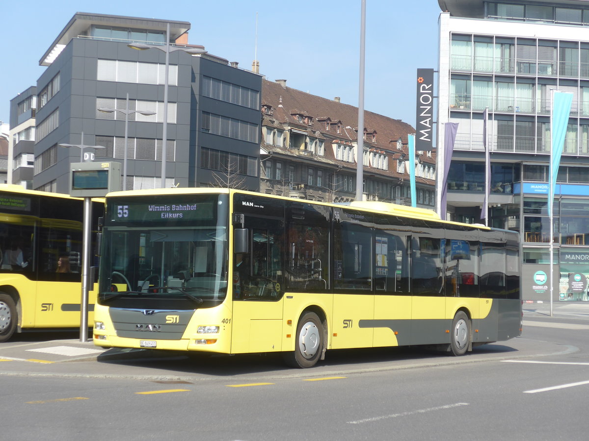 (215'640) - STI Thun - Nr. 401/BE 849'401 - MAN am 28. M�rz 2020 beim Bahnhof Thun