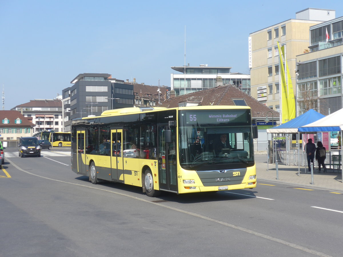 (215'642) - STI Thun - Nr. 401/BE 849'401 - MAN am 28. M�rz 2020 beim Bahnhof Thun