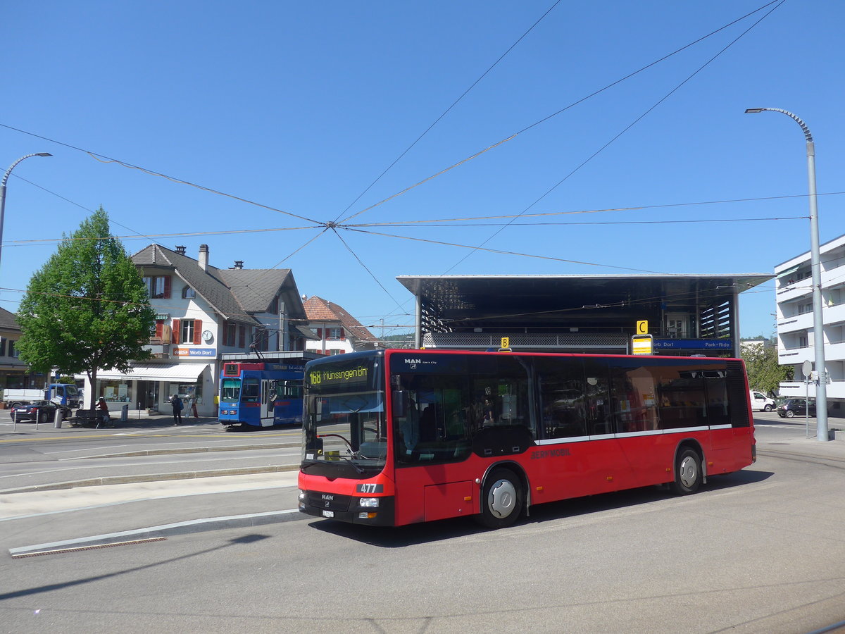 (216'352) - Bernmobil, Bern - Nr. 477/BE 716'477 - MAN/G�ppel (ex Peyer, Niederwangen Nr. 377) am 22. April 2020 beim Bahnhof Worb Dorf