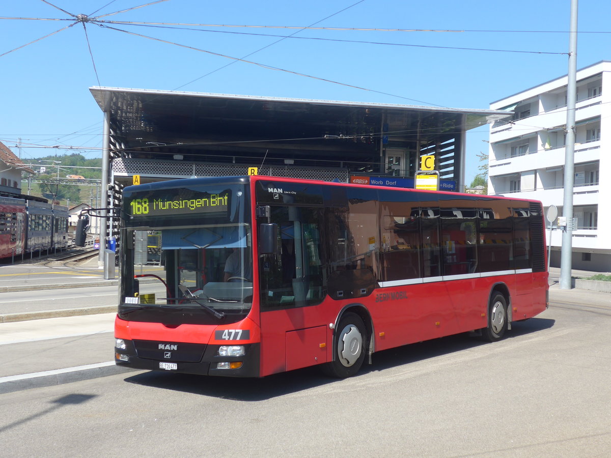 (216'353) - Bernmobil, Bern - Nr. 477/BE 716'477 - MAN/G�ppel (ex Peyer, Niederwangen Nr. 377) am 22. April 2020 beim Bahnhof Worb Dorf