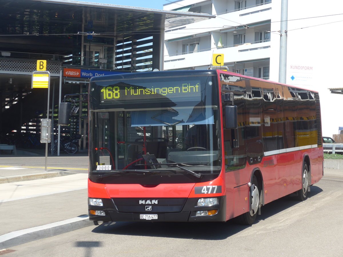 (216'354) - Bernmobil, Bern - Nr. 477/BE 716'477 - MAN/G�ppel (ex Peyer, Niederwangen Nr. 377) am 22. April 2020 beim Bahnhof Worb Dorf