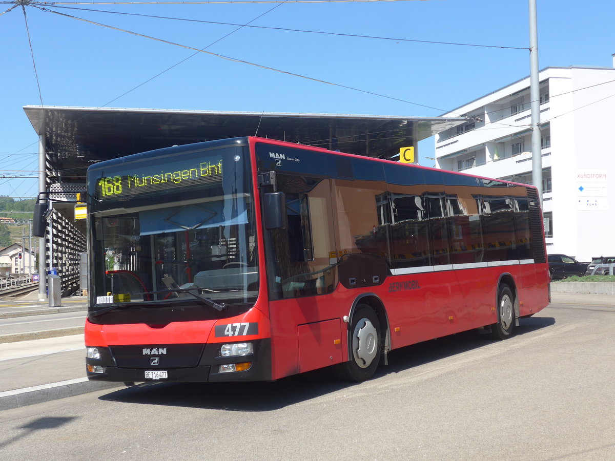 (216'356) - Bernmobil, Bern - Nr. 477/BE 716'477 - MAN/G�ppel (ex Peyer, Niederwangen Nr. 377) am 22. April 2020 beim Bahnhof Worb Dorf