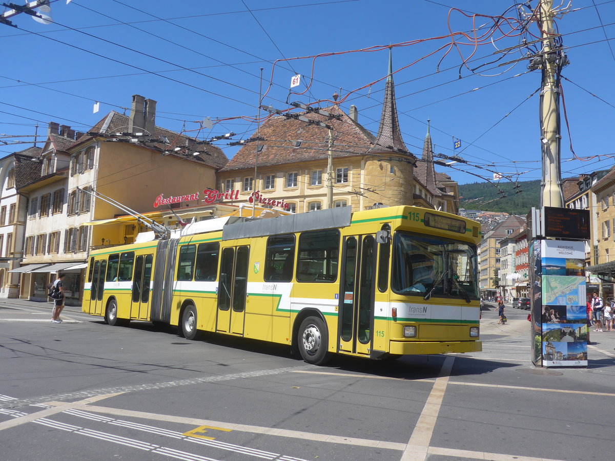 (218'553) - transN, La Chaux-de-Fonds - Nr. 115 - NAW/Hess Gelenktrolleybus am 6. Juli 2020 in Neuch�tel, Place Pury