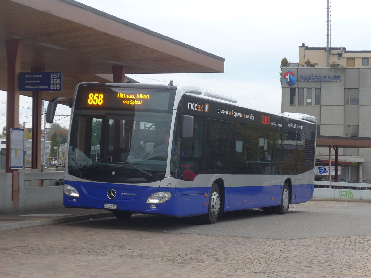 (221'894) - VZO Gr�ningen - Nr. 31/ZH 874'231 - Mercedes am 12. Oktober 2020 beim Bahnhof Wetzikon