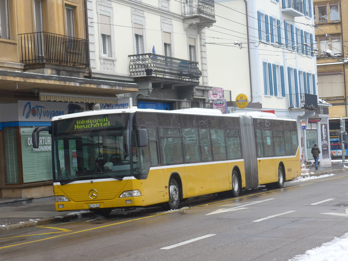 (224'168) - Interbus, Yverdon - Nr. 205/NE 231'205 - Mercedes (ex Twerenbold, Baden Nr. 19; ex Steffen, Remetschwil Nr. 95; ex PostAuto Nordschweiz) am 14. M�rz 2021 beim Bahnhof La Chaux-de-Fonds (Einsatz CarPostal)