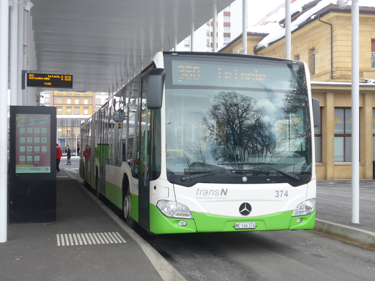 (224'269) - transN, La Chaux-de-Fonds - Nr. 374/NE 146'374 - Mercedes am 20. M�rz 2021 beim Bahnhof La Chaux-de-Fonds