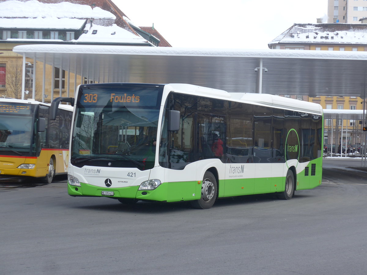 (224'277) - transN, La Chaux-de-Fonds - Nr. 421/NE 195'421 - Mercedes am 20. M�rz 2021 beim Bahnhof La Chaux-de-Fonds