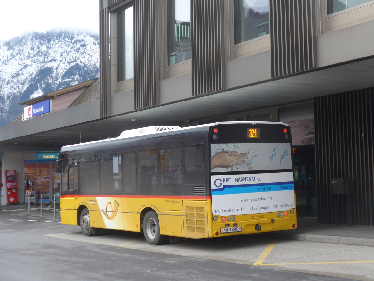 (224'395) - PostAuto Zentralschweiz - Nr. 20/NW 19'589 - Solaris (ex PostAuto Bern Nr. 14; ex Klopfstein, Laupen Nr. 14) am 27. M�rz 2021 beim Bahnhof Stansstad
