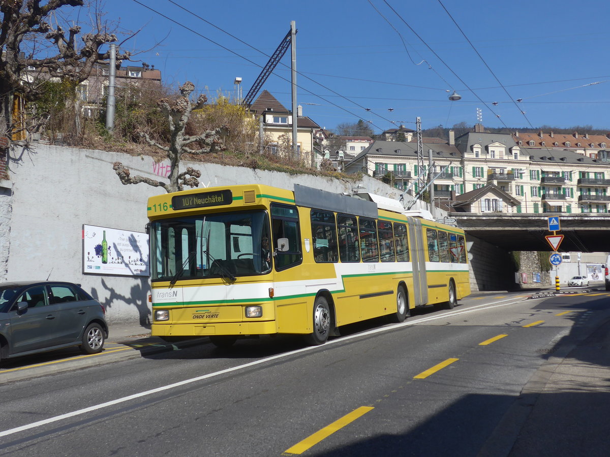 (224'561) - transN, La Chaux-de-Fonds - Nr. 116 - NAW/Hess Gelenktrolleybus (ex TN Neuch�tel Nr. 116) am 29. M�rz 2021 in Neuch�tel, Avenue de la Gare