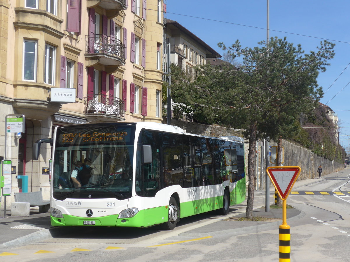 (224'602) - transN, La Chaux-de-Fonds - Nr. 231/NE 195'231 - Mercedes am 29. M�rz 2021 beim Bahnhof Neuch�tel