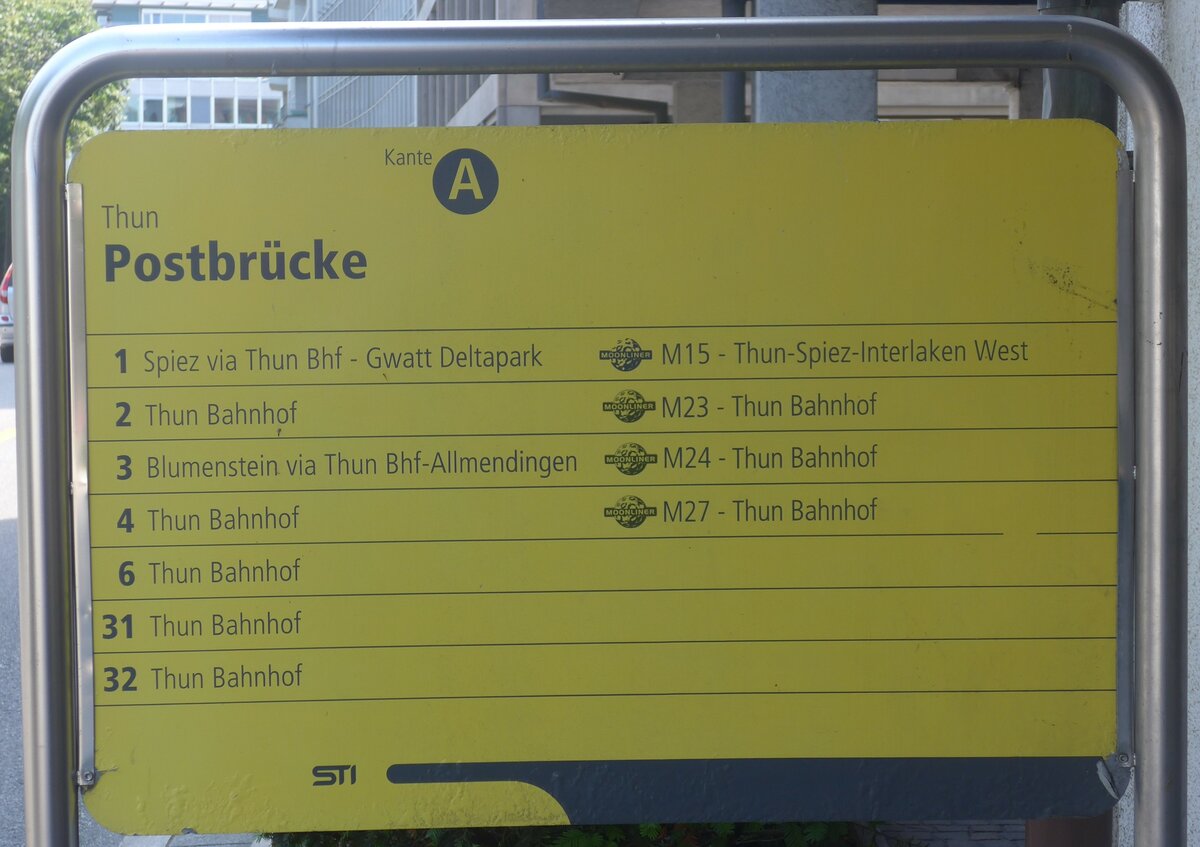 (226'811) - STI-Haltestellenschild - Thun, Postbr�cke - am 30. Juli 2021