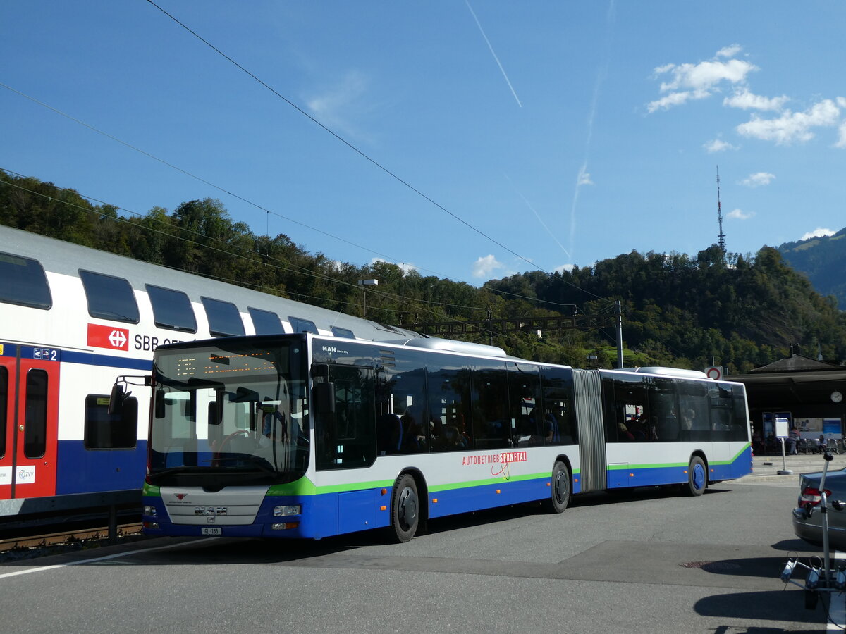 (228'604) - AS Engi - Nr. 15/GL 165 - MAN (ex TPL Lugano Nr. 438; ex Ryffel, Uster; ex Stucki, Porrentruy; ex SBC Chur Nr. 91) am 2. Oktober 2021 beim Bahnhof Ziegelbr�cke