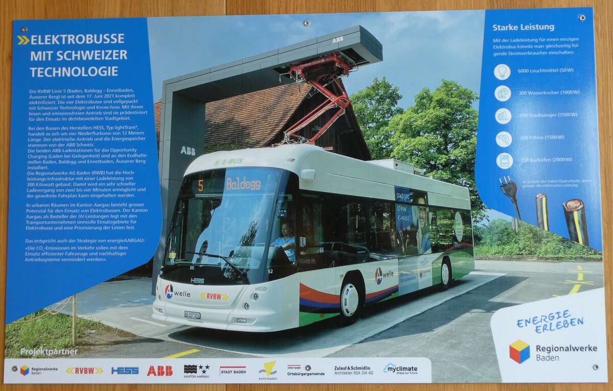 (230'496) - Plakat f�r Elektrobusse mit Schweizer Technologie am 11. November 2021 in Baden, Baldegg