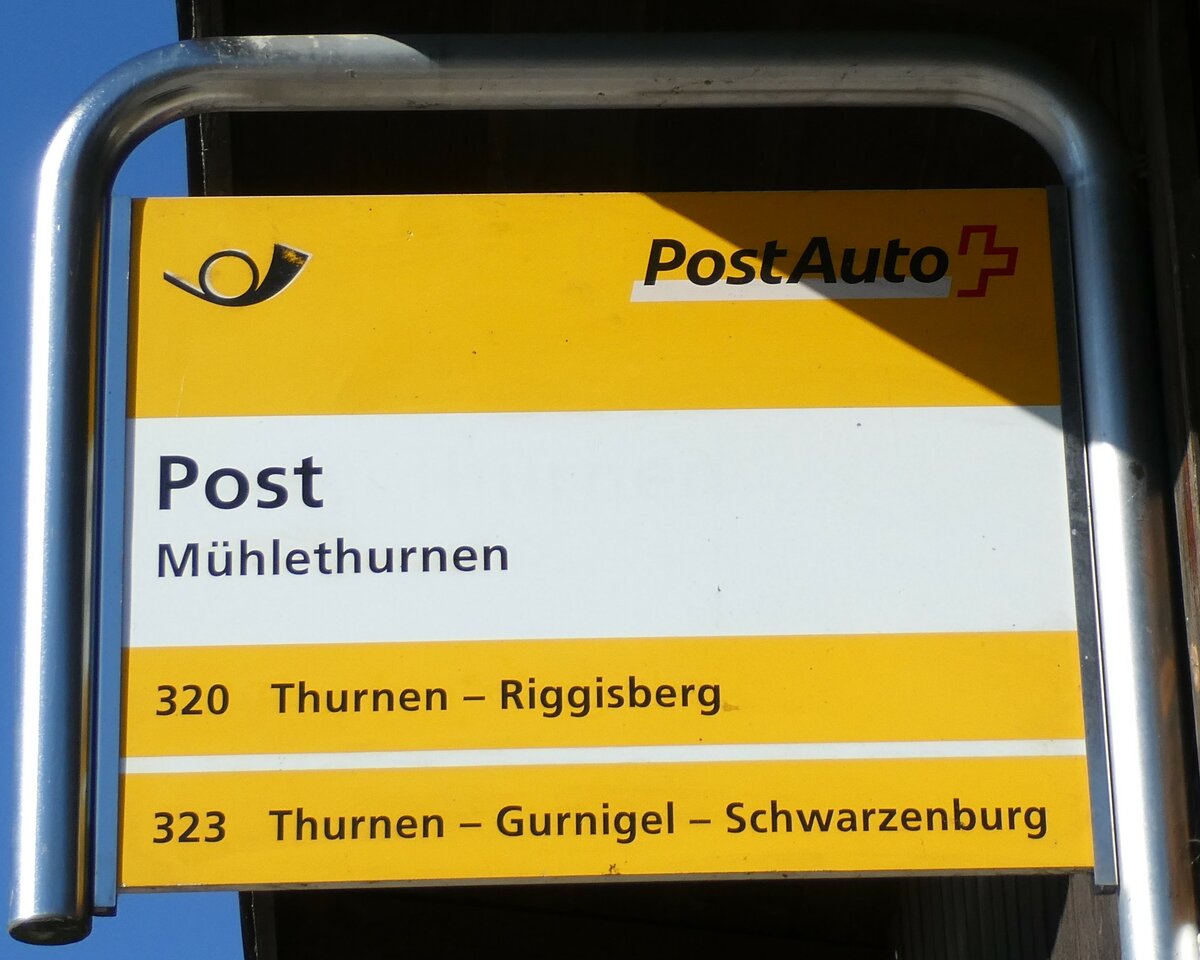 (233'332) - PostAuto-Haltestellenschild - M�hlethurnen, Post - am 28. Februar 2022