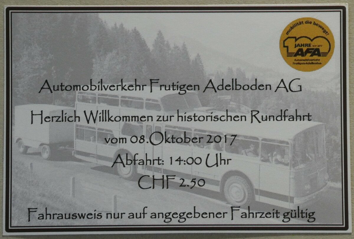 (233'397) - AFA-Fahrausweis zur historischen Rundfahrt vom 8. Oktober 2017 am 6. M�rz 2022 in Thun