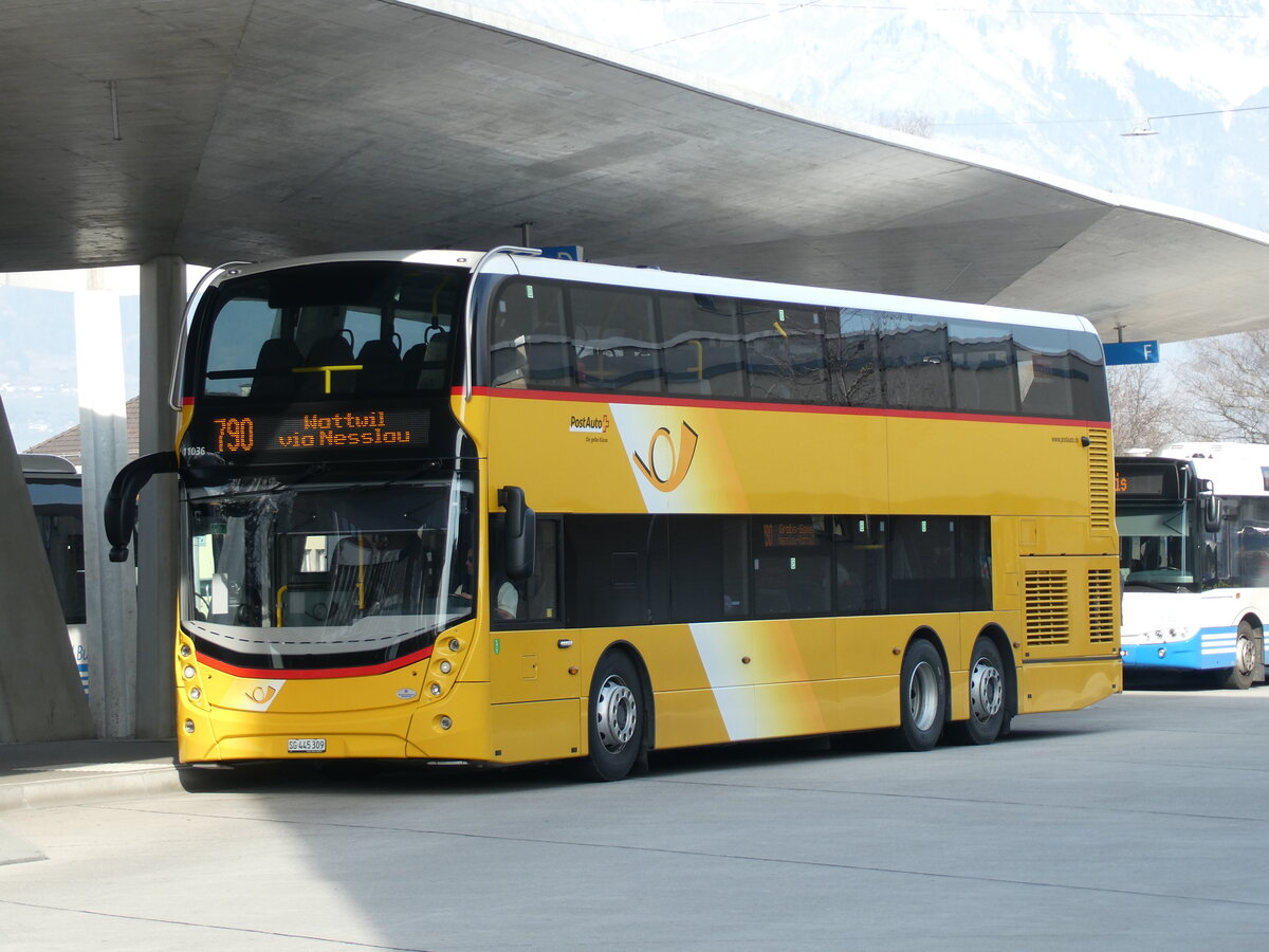 (233'521) - PostAuto Ostschweiz - SG 445'309 - Alexander Dennis (ex CarPostal Ouest; ex PostAuto Ostschweiz SG 445'309) am 8. M�rz 2022 beim Bahnhof Buchs