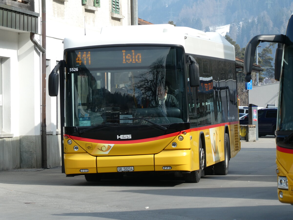 (233'782) - PostAuto Graub�nden - Nr. 8/GR 50'214 - Scania/Hess (ex Fontana, Ilanz Nr. 8) am 11. M�rz 2022 beim Bahnhof Ilanz