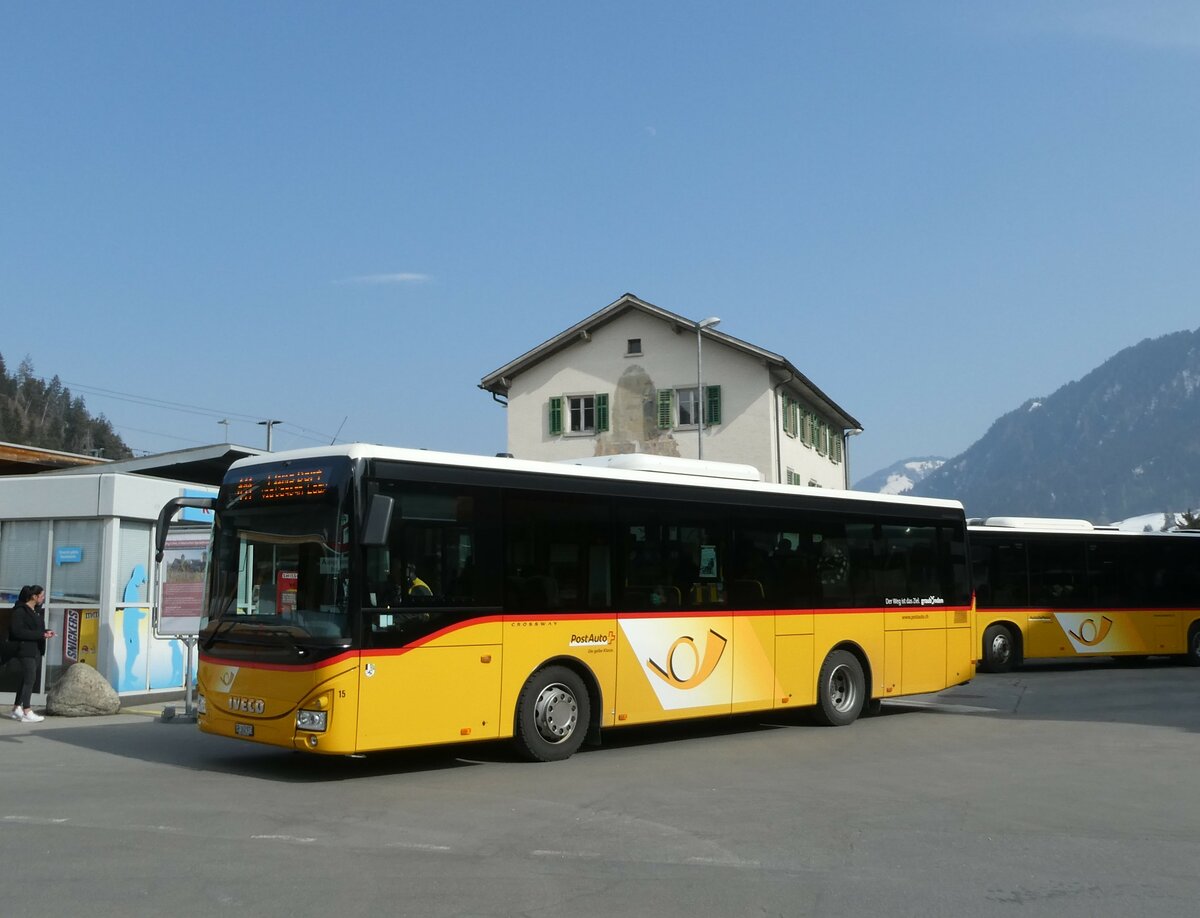 (233'787) - PostAuto Graub�nden - Nr. 15/GR 162'973 - Iveco (ex Fontana, Ilanz Nr. 15) am 11. M�rz 2022 beim Bahnhof Ilanz