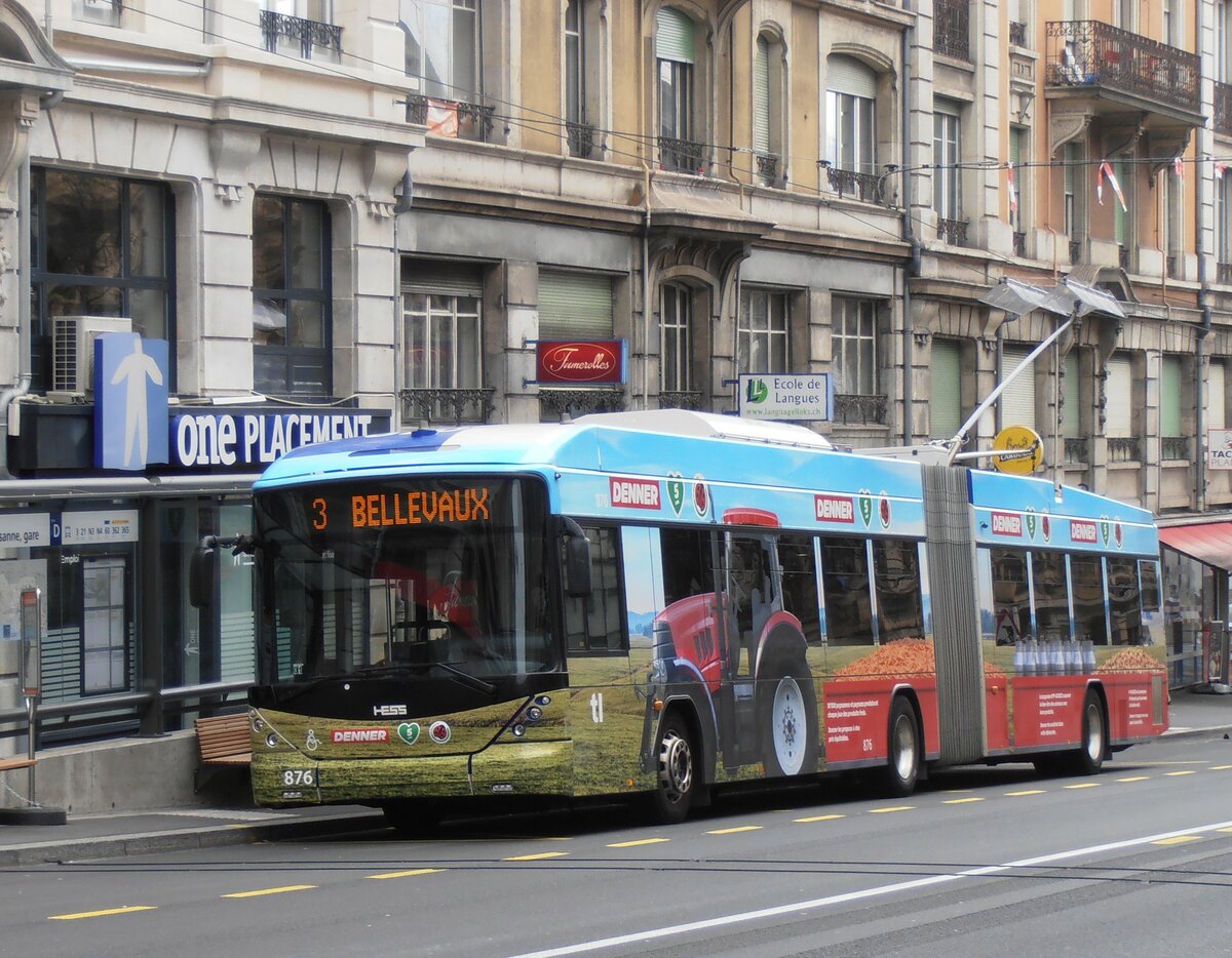 (233'950) - TL Lausanne - Nr. 876 - Hess/Hess Gelenktrolleybus am 13. M�rz 2022 beim Bahnhof Lausanne