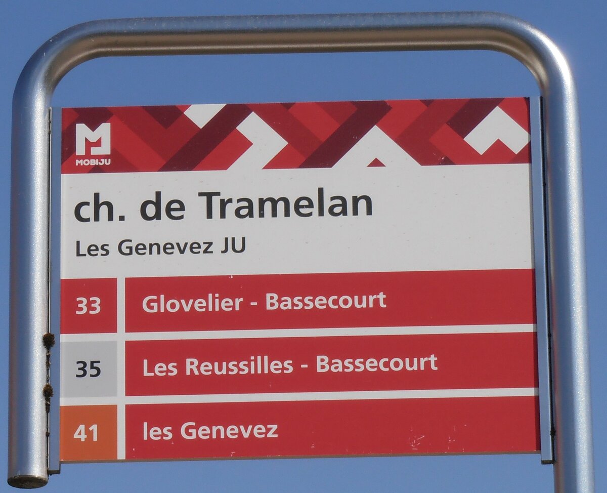 (234'071) - MOBIJU-Haltestellenschild - Les Genevez JU, ch. de Tramelan - am 26. M�rz 2022