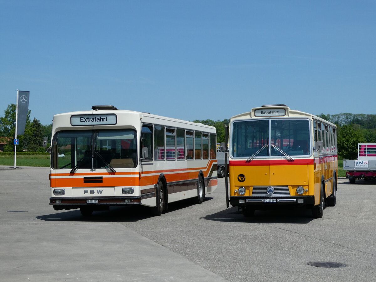 (235'667) - Wegm�ller, M�nsingen - BE 399'675 - FBW/R&J (ex Bamert, Wollerau) + Gast, Reutigen - BE 113'160 - Saurer/T�scher (ex HPTrans, Thusis; ex Mauerhofer, Worb; ex Erni, Schupfart Nr. 3; ex P 24'636) am 15. Mai 2022 in Lyssach, Lorenz