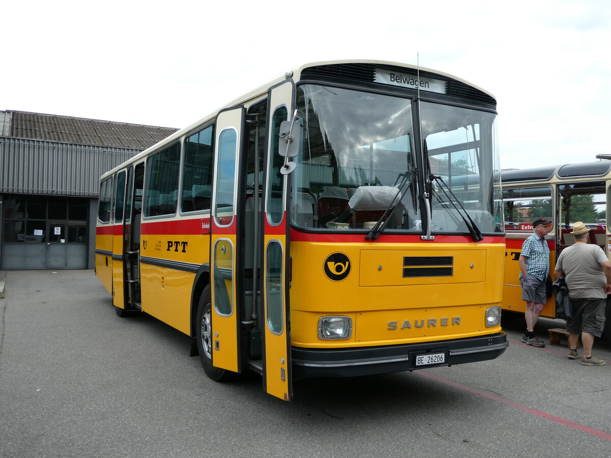 (237'538) - Schmid, Th�rishaus - BE 26'206 - Saurer/T�scher (ex P 24'244) am 26. Juni 2022 in Niederwangen, Pneu Fahrni