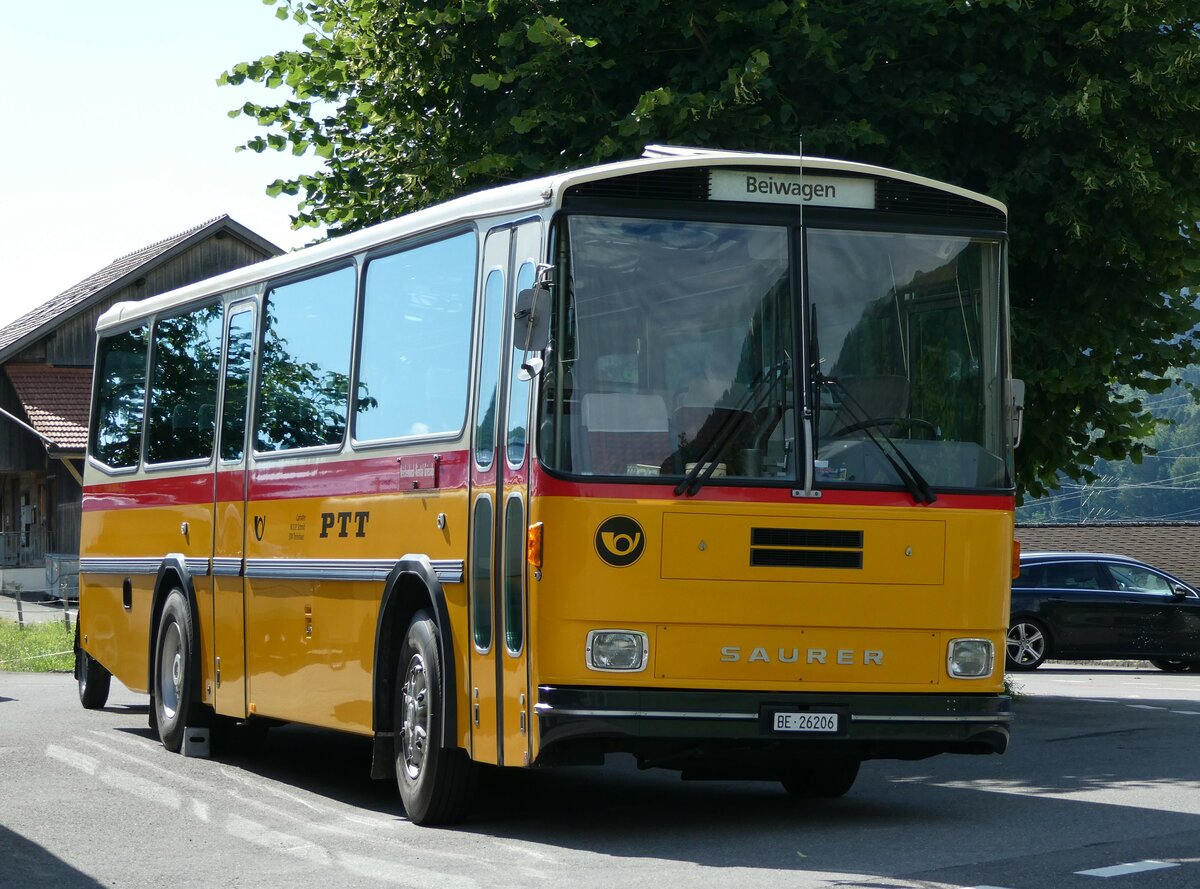 (237'557) - Schmid, Th�rishaus - BE 26'206 - Saurer/T�scher (ex P 24'244) am 26. Juni 2022 in Niederstocken, Gasthof zum Stockhorn