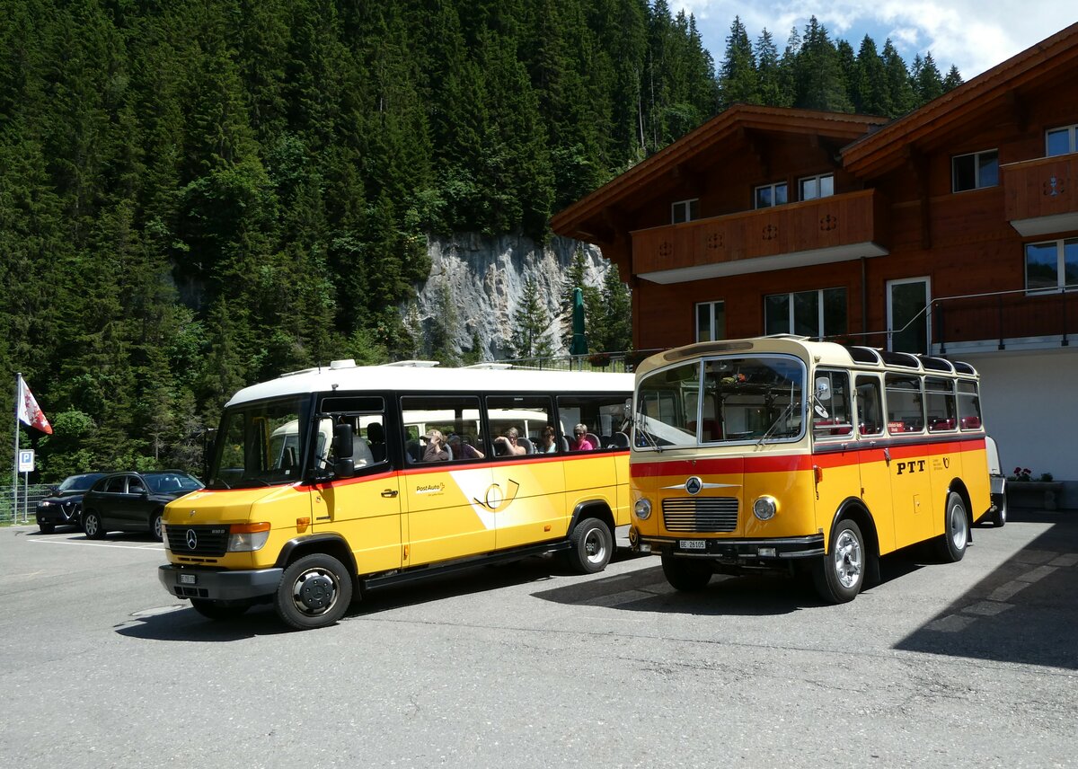 (237'641) - PostAuto Bern - BE 755'378 - Mercedes/Kusters + Schmid, Th�rishaus - Nr. 9/BE 26'105 - Saurer/R&J (ex Geiger, Adelboden Nr. 9) am 26. Juni 2022 auf der Griesalp