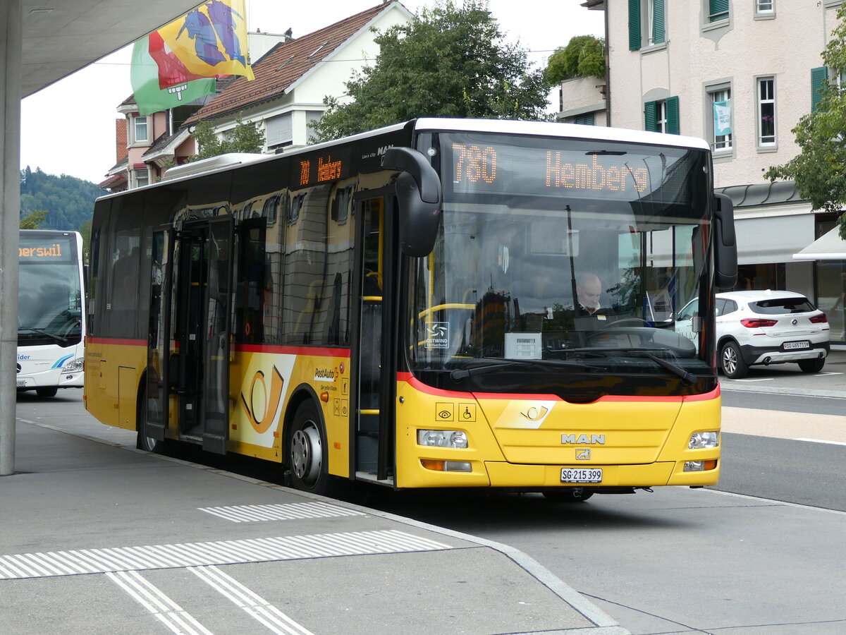 (239'257) - Postautobetriebe Unteres Toggenburg, Ganterschwil - SG 215'399 - MAN/G�ppel am 20. August 2022 beim Bahnhof Wattwil