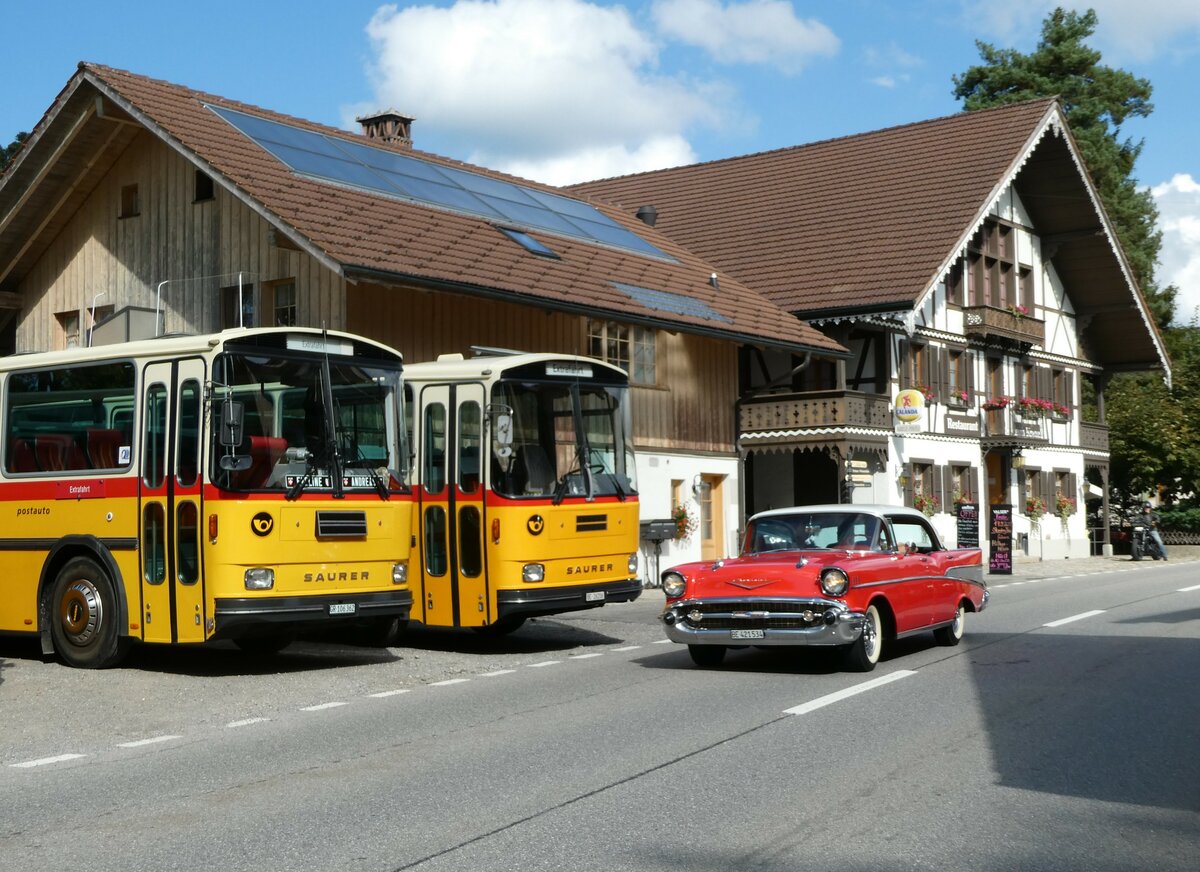 (239'876) - Ackermann, Landquart - GR 106'362 - Saurer/R&J (ex F�ssler, Unteriberg; ex Sch�rch, Gutenburg Nr. 6; ex P 24'358) am 28. August 2022 in Schwarzenegg, Restaurant Kreuz (Teilaufnahme)