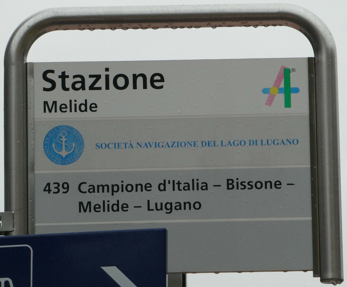 (242'731) - SOCIET� NAVIGAZIONE DEL LAGO DI LUGANO-Haltestellenschild - Melide, Stazione - am 15. November 2022