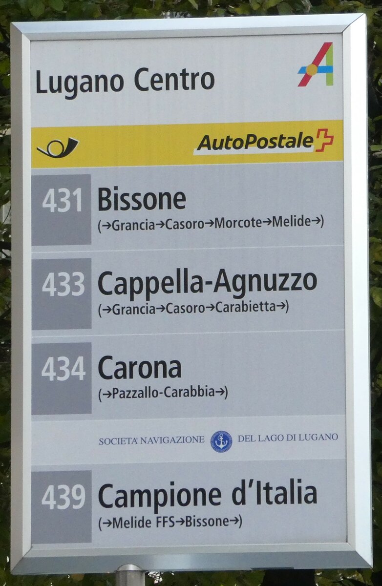 (242'837) - PostAuto/SOCIET� NAVIGAZIONE DEL LAGO DI LUGANO-Haltestellenschild - Lugano, Centro - am 16. November 2022