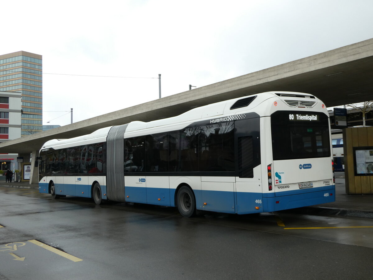 (243'510) - VBZ Z�rich - Nr. 465/ZH 942'465 - Volvo am 7. Dezember 2022 beim Bahnhof Z�rich Oerlikon