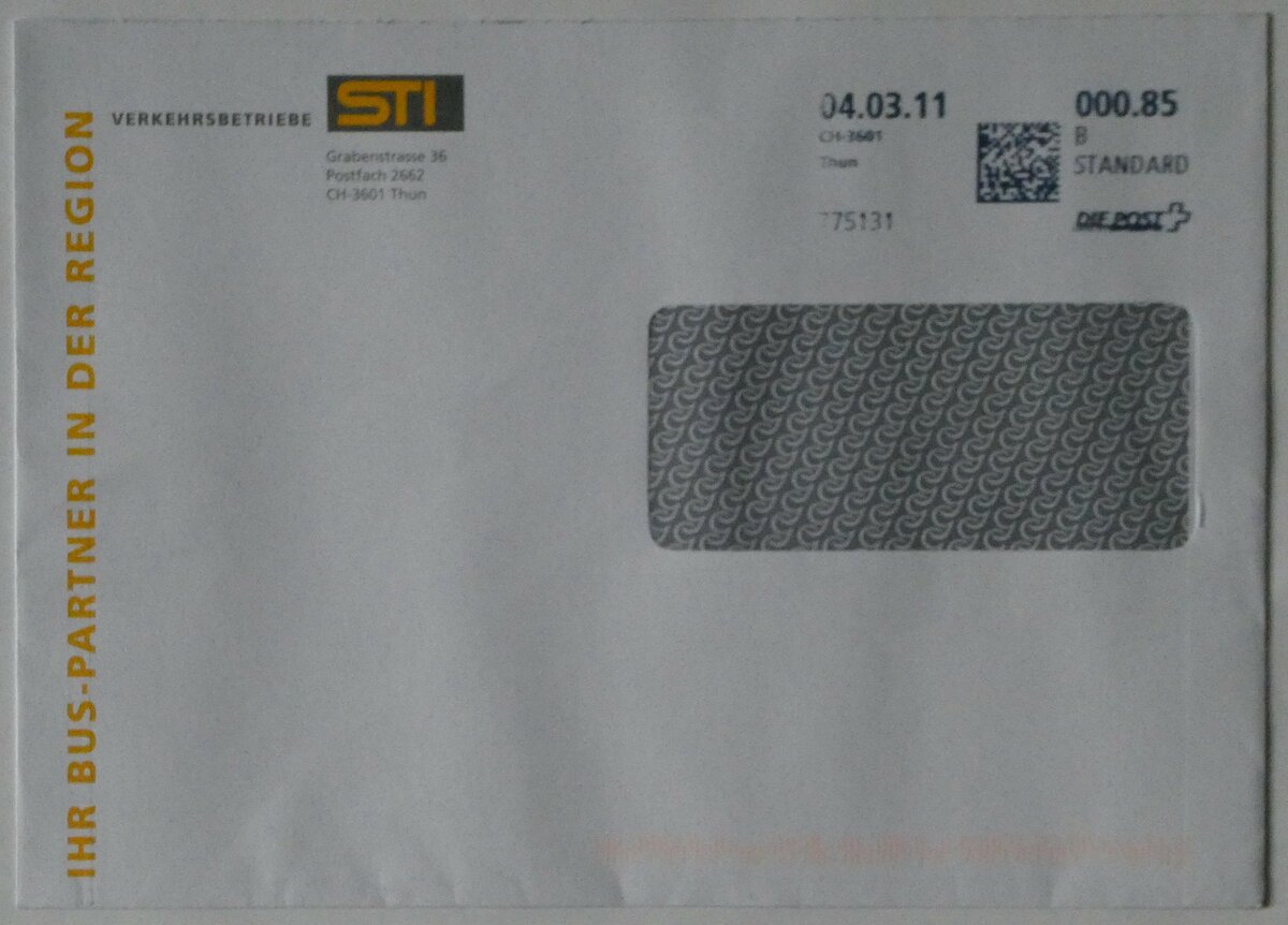 (244'378) - STI-Briefumschlag vom 4. M�rz 2011 am 2. Januar 2023 in Thun