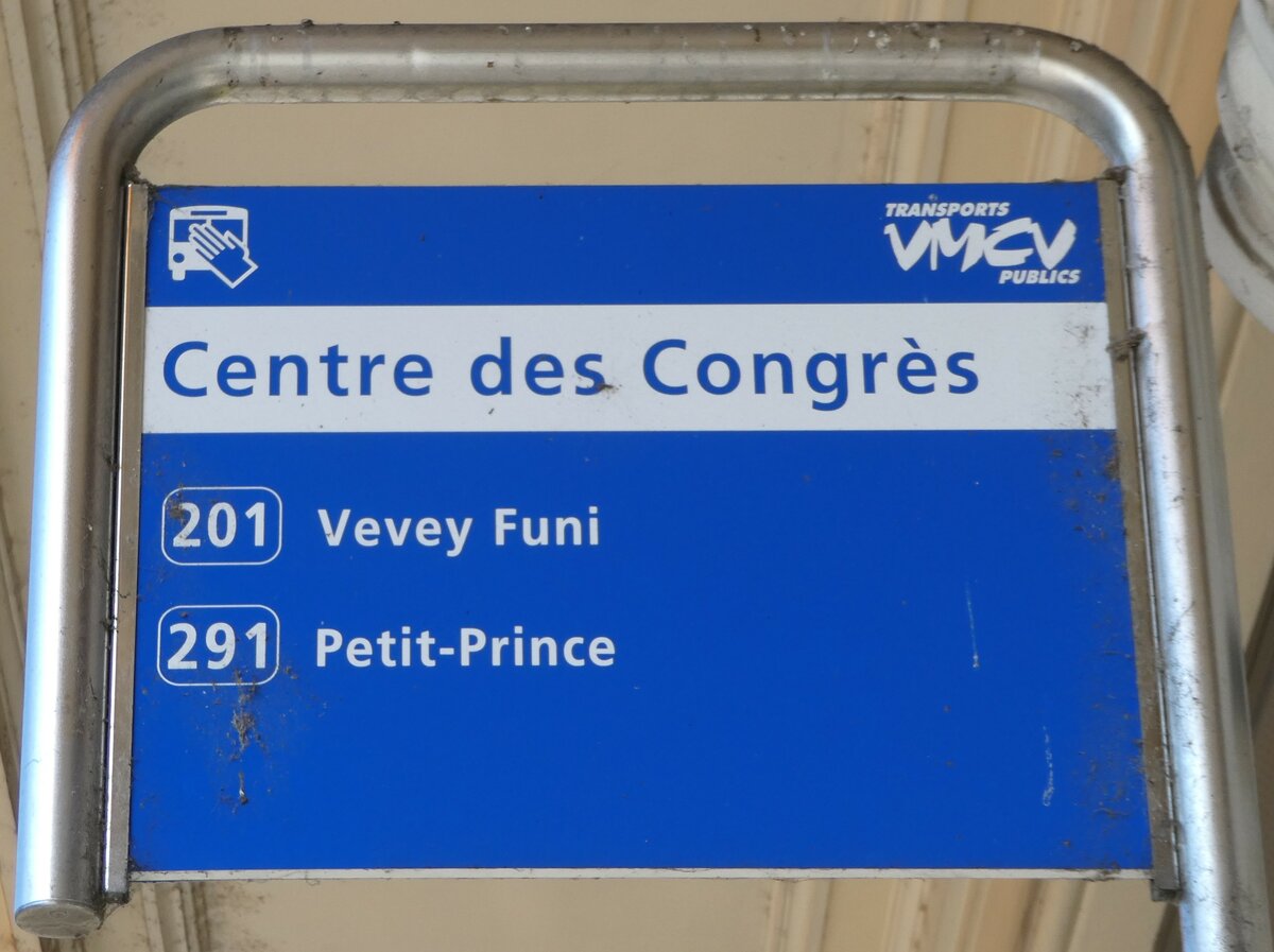 (245'967) - VMCV-Haltestellenschild - Montreux, Centre des Congr�s - am 9. Februar 2023