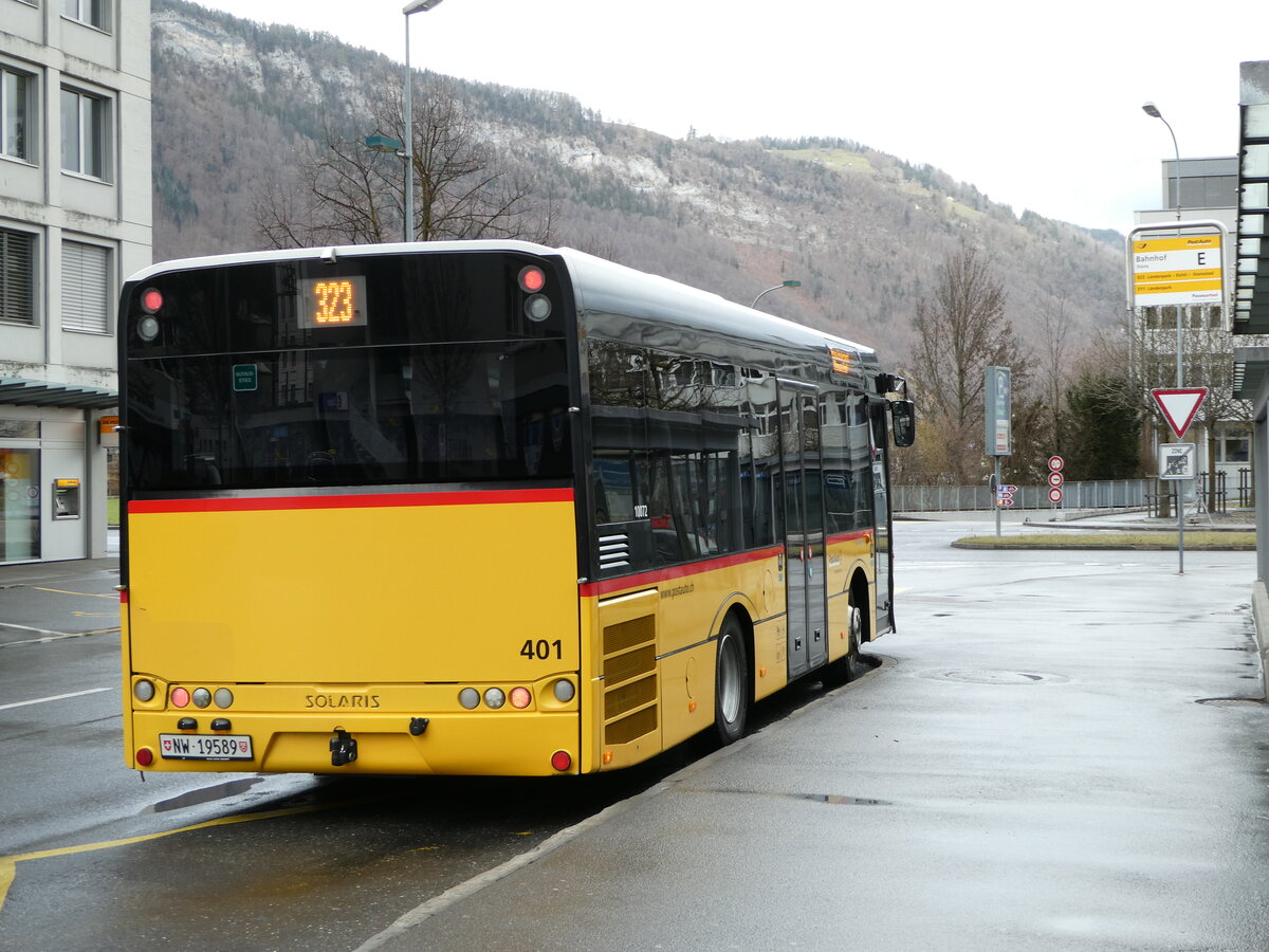 (247'127) - PostAuto Zentralschweiz - Nr. 401/NW 19'589/PID 10'072 - Solaris (ex Nr. 20; ex PostAuto Bern Nr. 14; ex Klopfstein, Laupen Nr. 14) am 10. M�rz 2023 beim Bahnhof Stans