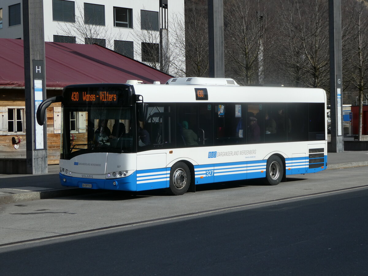(247'295) - BSW Sargans - Nr. 327/SG 297'511 - Solaris am 17. M�rz 2023 beim Bahnhof Sargans