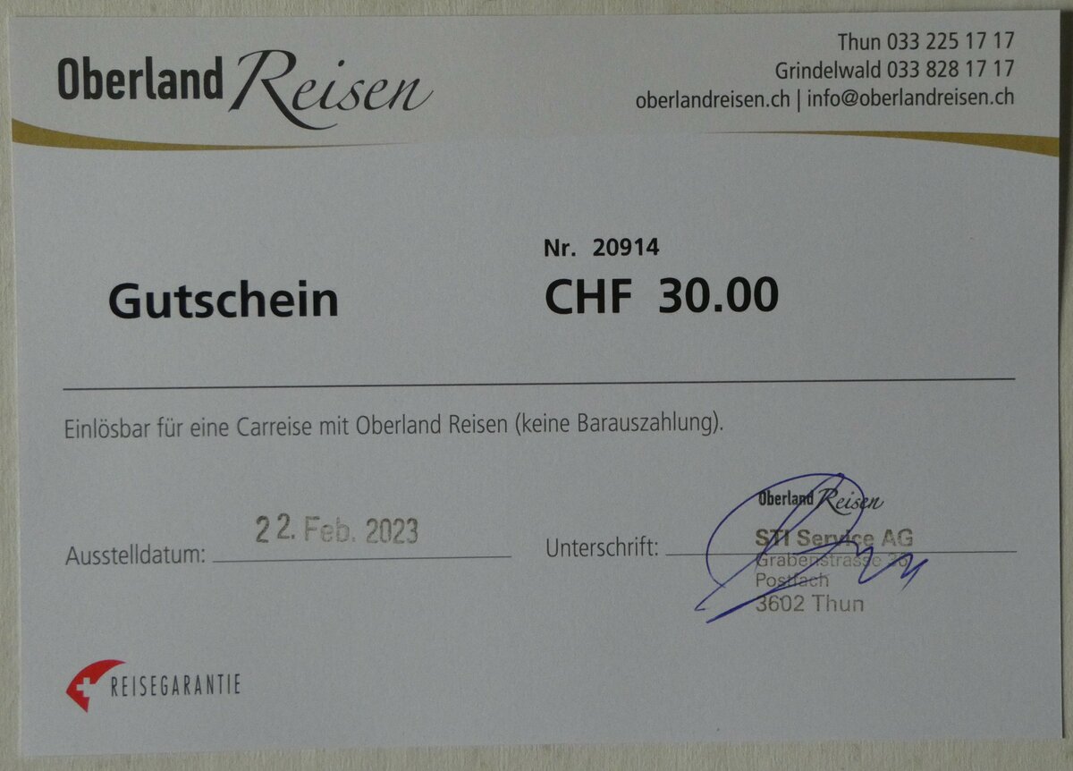 (247'480) - Oberland Reisen-Gutschein vom 22. Februar 2023 am 19. M�rz 2023 in Thun
