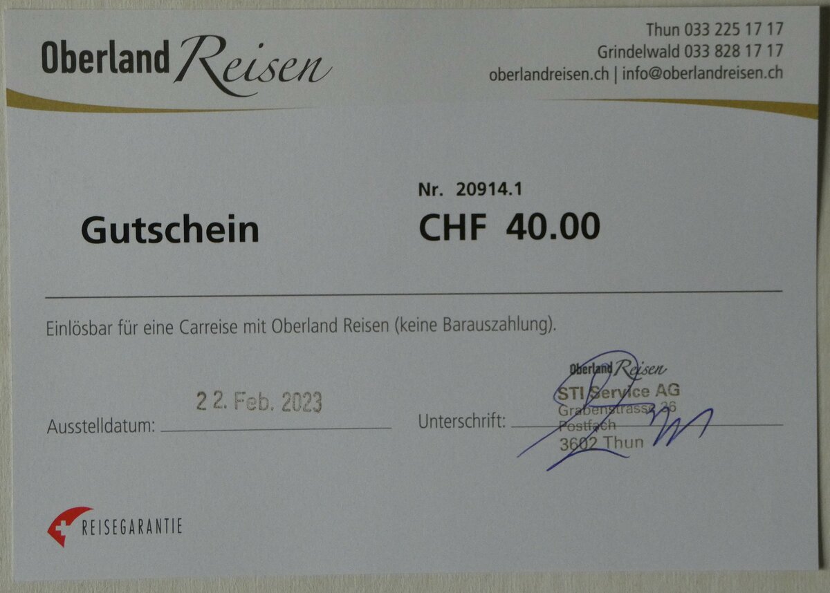 (247'481) - Oberland Reisen-Gutschein vom 22. Februar 2023 am 19. M�rz 2023 in Thun